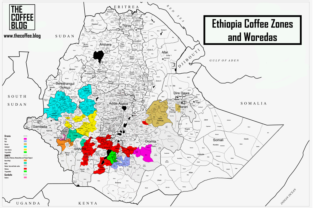 Carte des régions productrices de café en Éthiopie