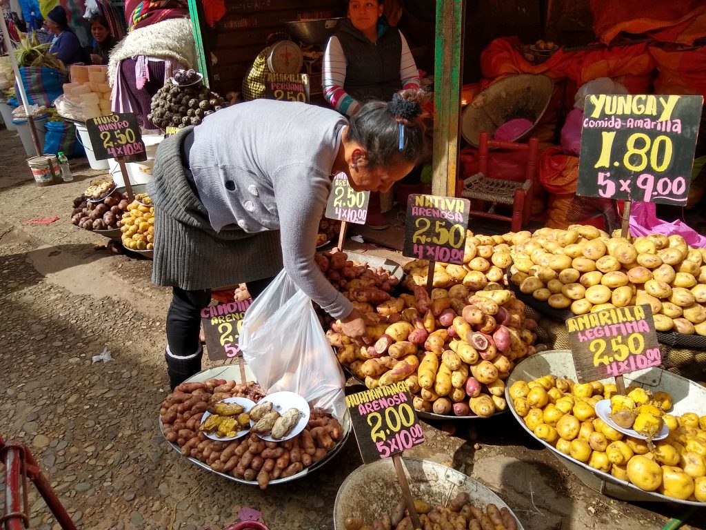 Étal de pommes de terre péruviennes de plusieurs variétés sur un marché
