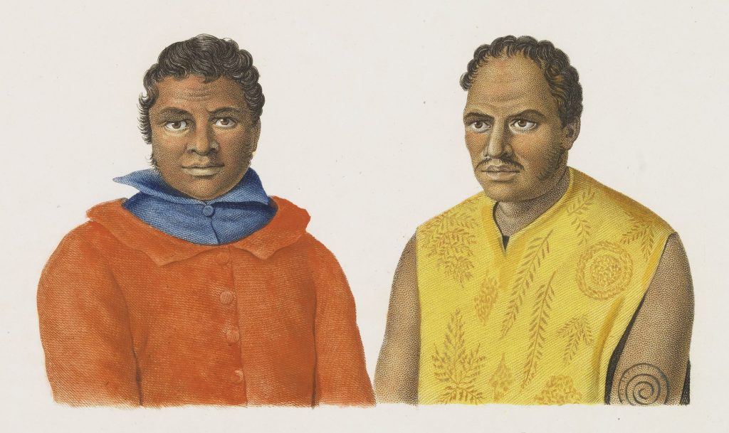 Gravure ancienne de chefs polynésiens aux jambes et aux bras tatoués