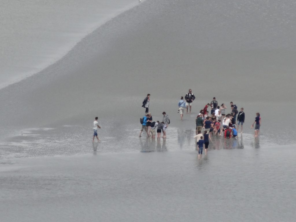 Marcheurs dans la baie du Mont-Saint-Michel à marée basse